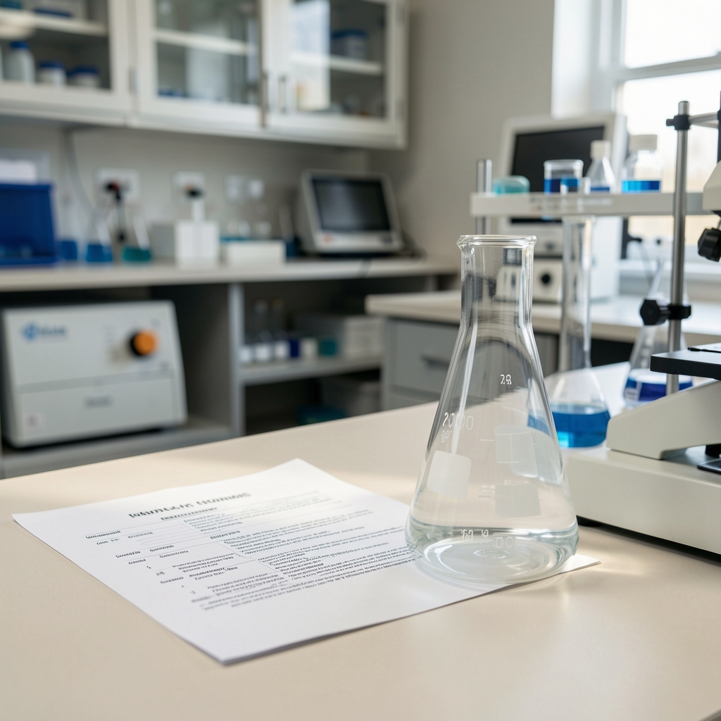 Ingredient composition document and glass laboratory vessel on a light-toned work surface in a quality-control environment