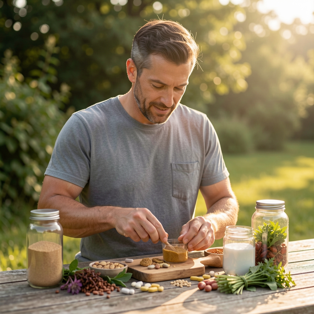 Active man in outdoor morning light preparing his daily supplement routine with whole-food ingredients and natural botanicals on a wooden surface