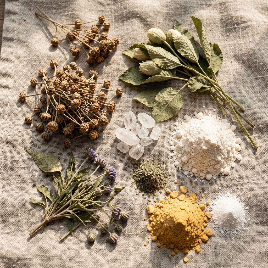 Close-up flat lay of dried whole botanicals, mineral powders, and plant-based ingredient samples arranged on aged linen cloth in natural daylight