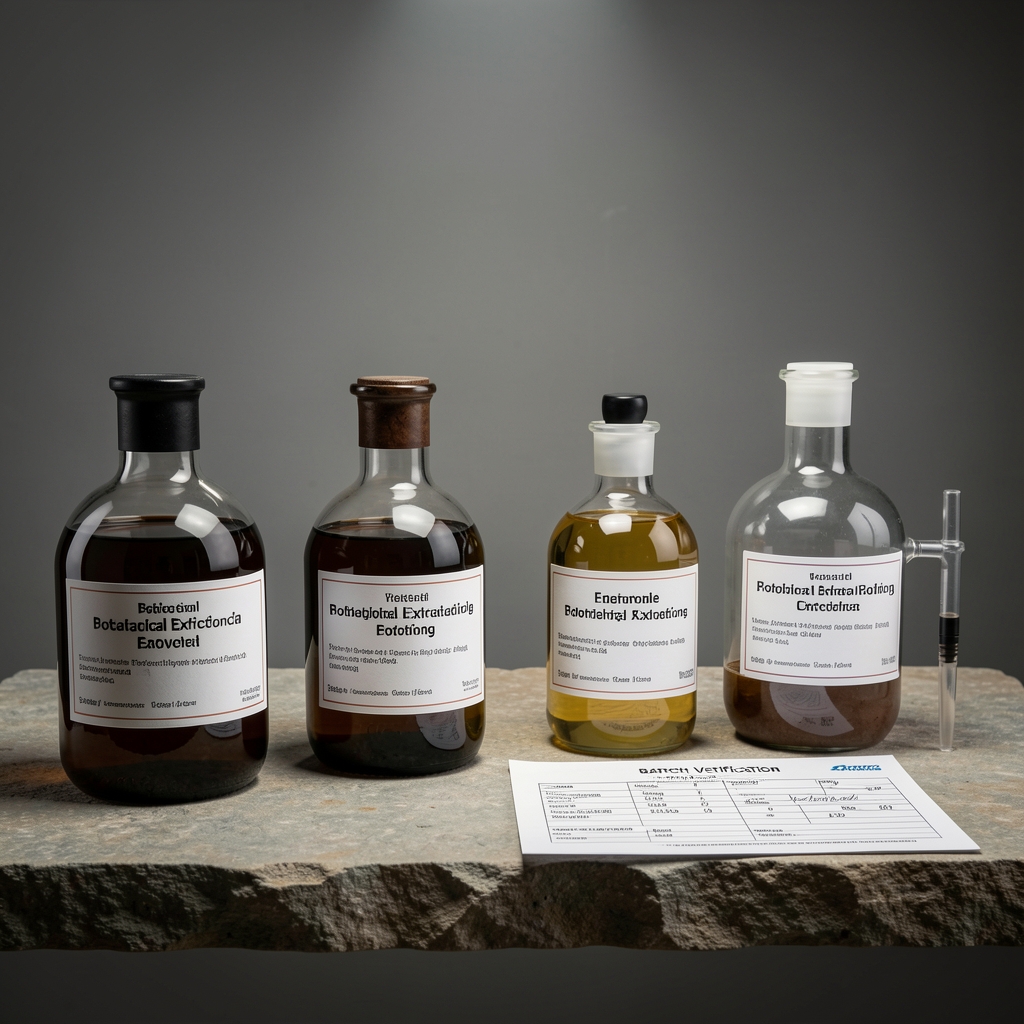 Studio photograph of labelled botanical extraction vessels arranged on a stone shelf under controlled lighting, with a printed batch verification sheet