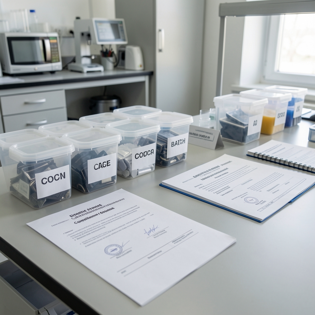Quality-control bench with coded batch containers, printed composition certificates, and reference documentation in a clean workspace environment