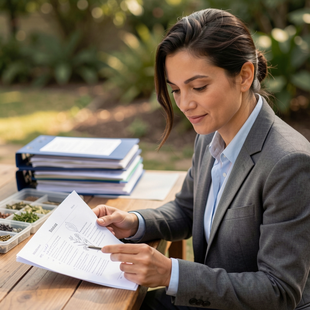 Editorial team member reviewing printed ingredient sourcing documents at a desk with reference folders and a botanical sample collection visible in the background