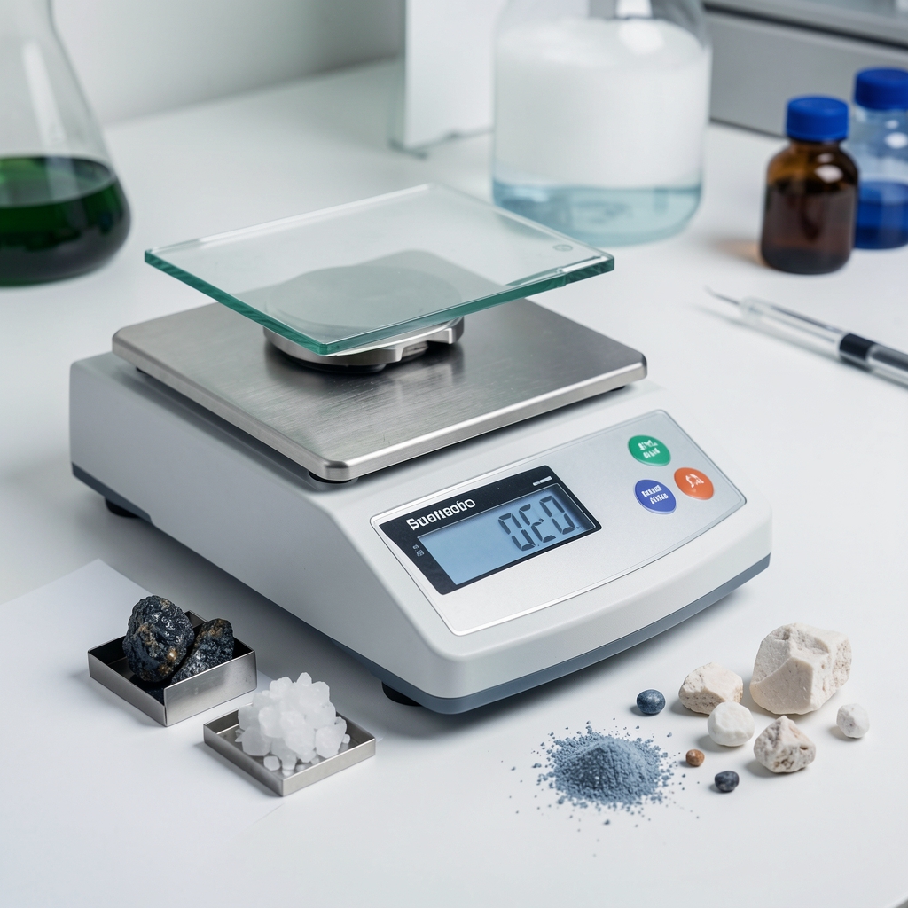 Close-up of analytical balance and mineral salt samples arranged on a clean laboratory surface under studio lighting, with a printed composition reference alongside