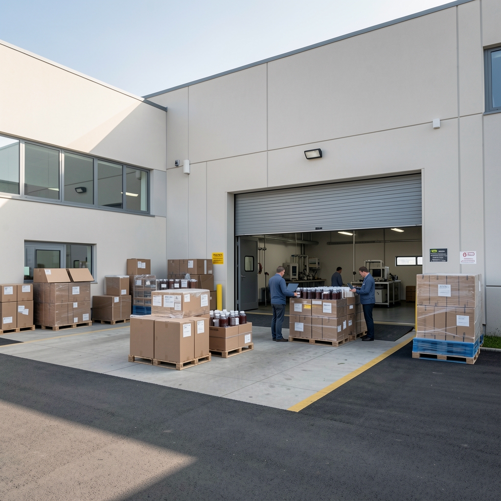 Independent verification facility exterior showing receiving dock area where batch samples are logged and documented before analysis, neutral institutional architecture