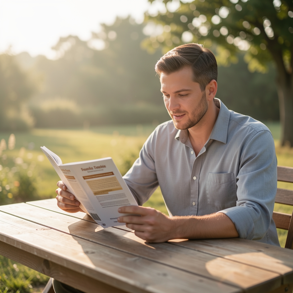 Early morning outdoor scene with a man reviewing a supplement guide while seated at a table in natural morning light
