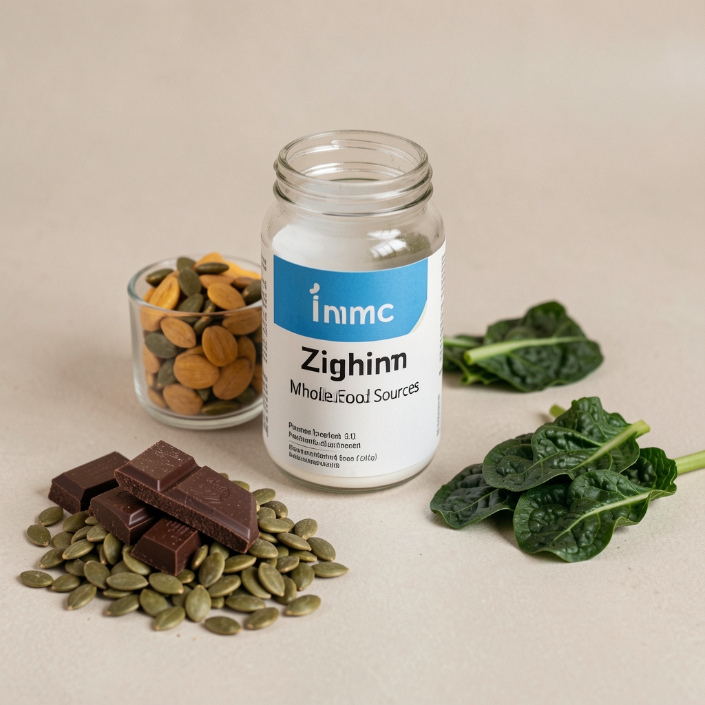 Zinc and magnesium supplement serving alongside whole food sources — pumpkin seeds, dark chocolate pieces, and leafy green samples on a neutral-toned surface