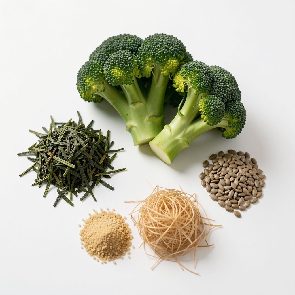 Whole food ingredient assembly including green tea leaves, chromium-rich broccoli, seeds, and natural fibre sources arranged precisely on a white surface